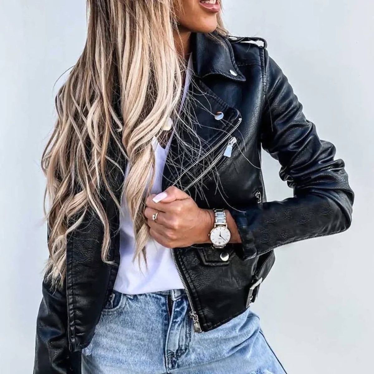 Textured Biker Jacket With Buckled Hem and Zip Pockets – Black