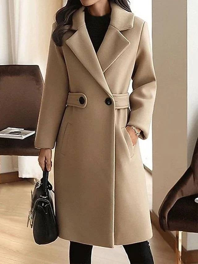 Longline Coat With Wide Lapels And Side Pockets – Beige