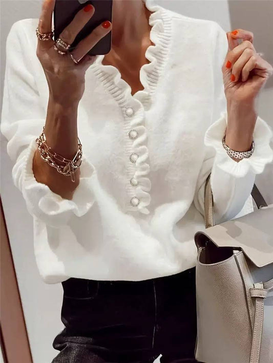 Relaxed V-Neck Sweater With Ruffled Neckline And Cuffs – White