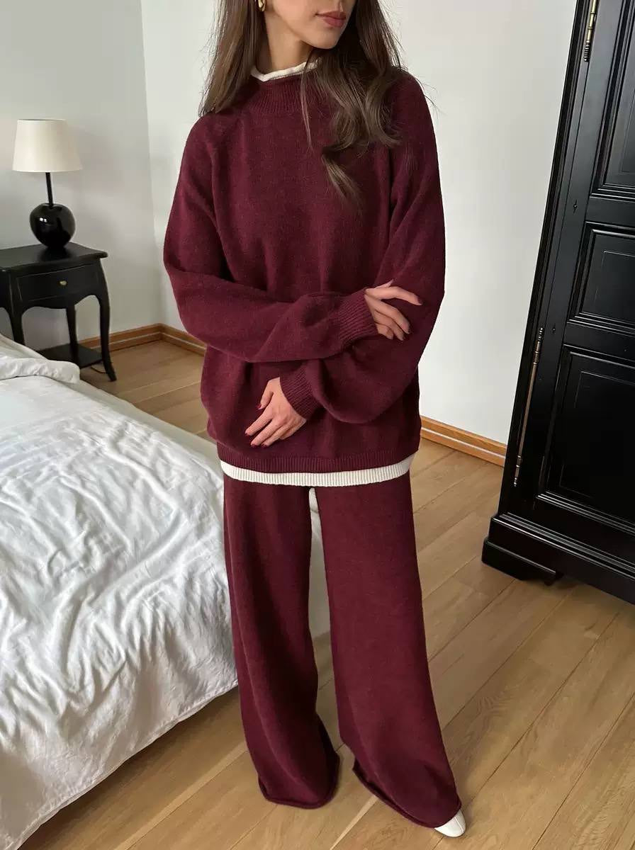 Round Neck Sweater Set With Wide-Leg Pants – Burgundy