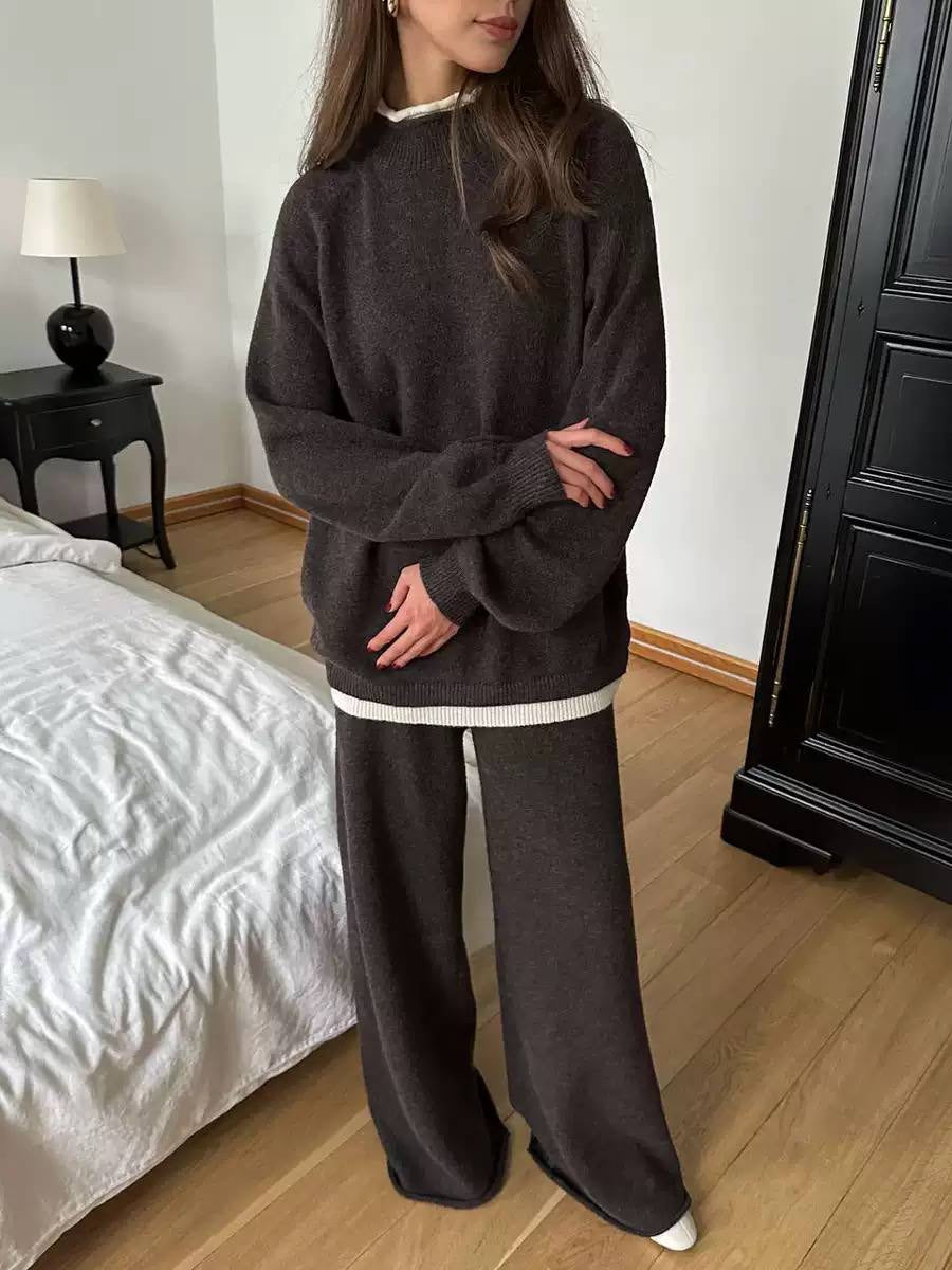 Round Neck Sweater Set With Wide-Leg Pants – Dark Brown