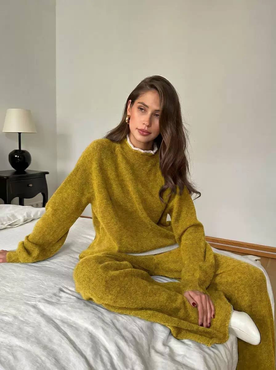 Round Neck Sweater Set With Wide-Leg Pants – Mustard
