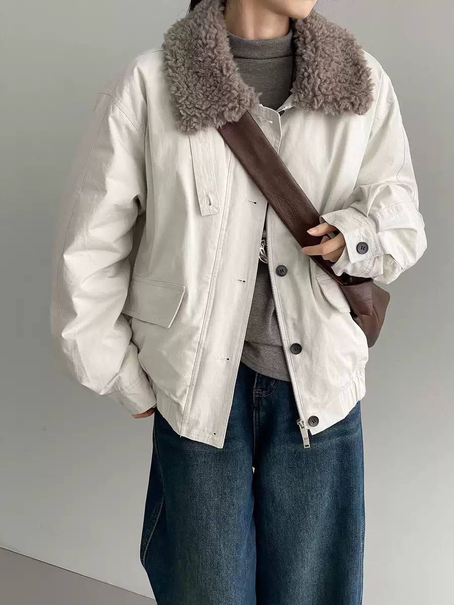 Gathered-Hem Bomber Jacket With Oversized Curly Collar – Ivory