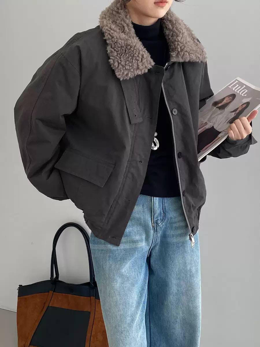 Gathered-Hem Bomber Jacket With Oversized Curly Collar – Charcoal