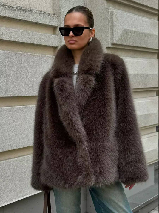 Statement Collar Coat With Plush Finish And Full Sleeves – Dark Brown