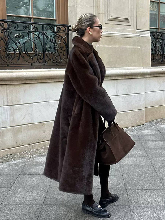 Long Belted Coat With Plush Texture and Oversized Lapels – Brown