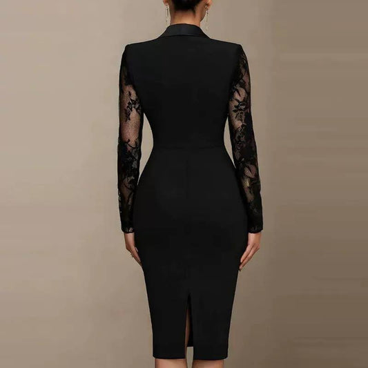 Lace Sleeve Cocktail Dress With Defined Waist And Shawl Lapels – Black