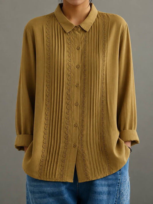 Long Sleeve Blouse With Pintucks And Scalloped Lace – Mustard