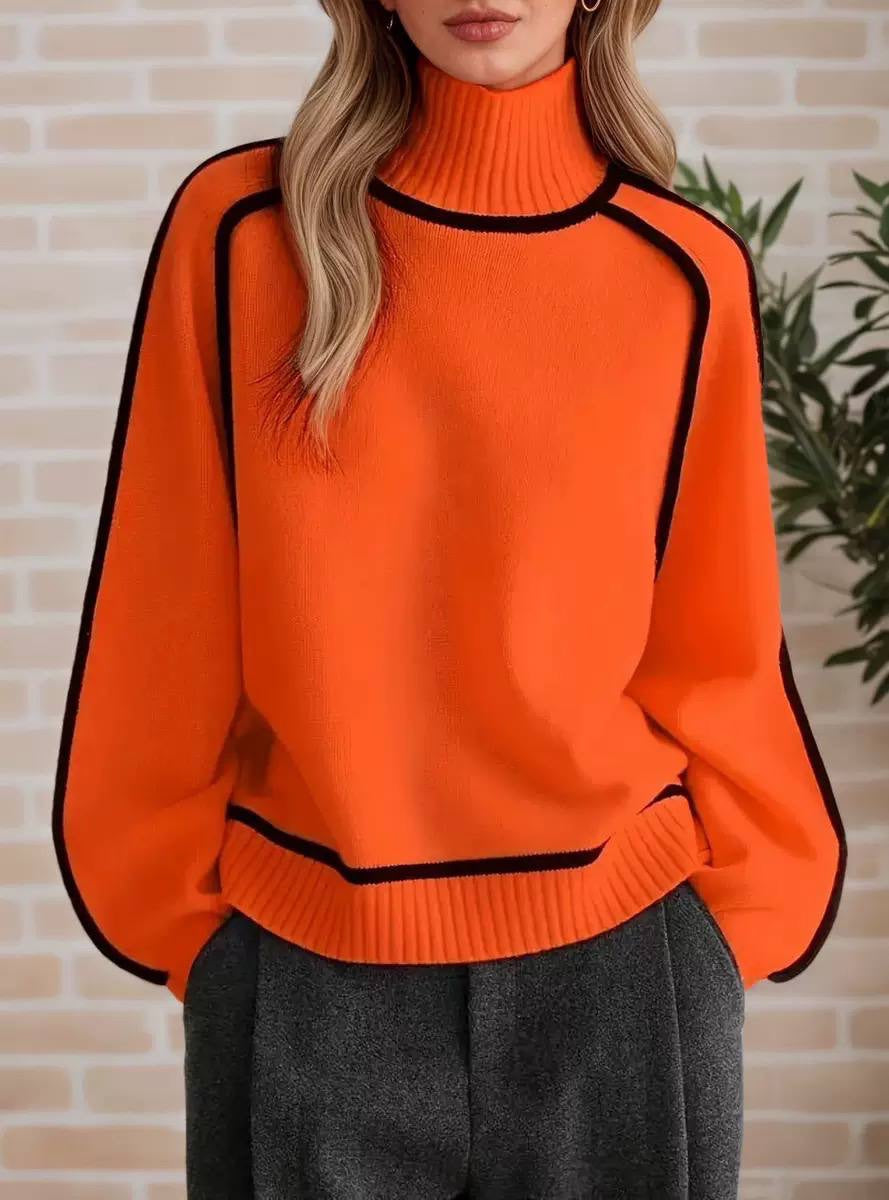 High-Neck Sweater With Balloon Sleeves And Contrast Outlines – Orange
