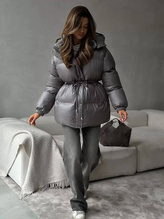 Below-Hip Hooded Puffer Jacket With Adjustable Waist – Grey