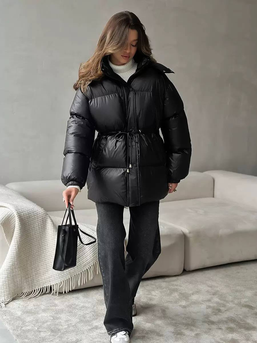 Below-Hip Hooded Puffer Jacket With Adjustable Waist – Black