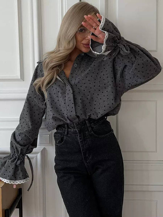 Heart Print Blouse With Lace-Trimmed Tie Cuffs – Grey Heart Print