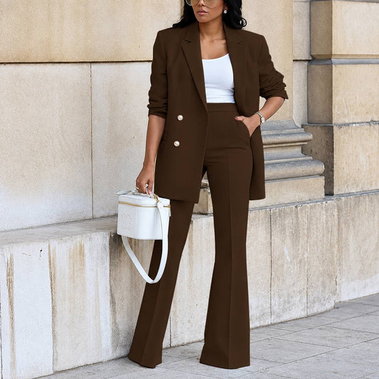 Double-Breasted Longline Blazer and Flared Pants Set – Brown