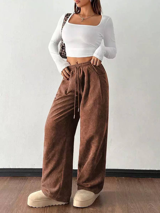 Ribbed Wide Leg Drawstring Pants With Side Pockets – Brown