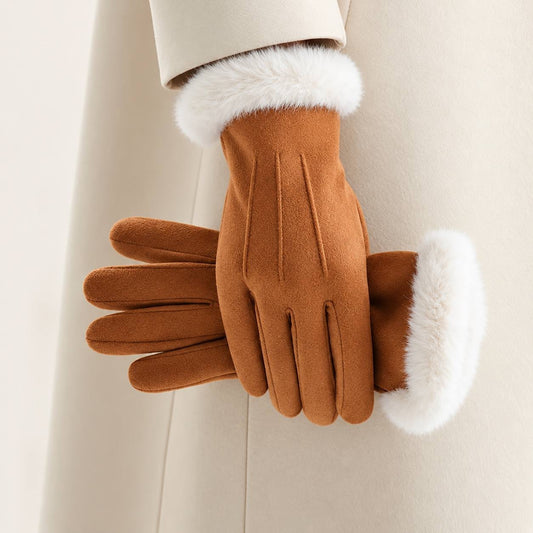 Triple-Stitched Gloves With Suede-Look Finish And Fluffy Trim – Tan