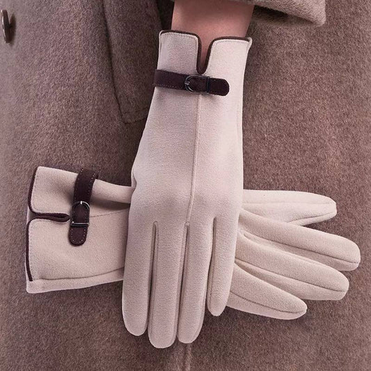 Contrast Buckle Strap Gloves With Center Seams – Beige