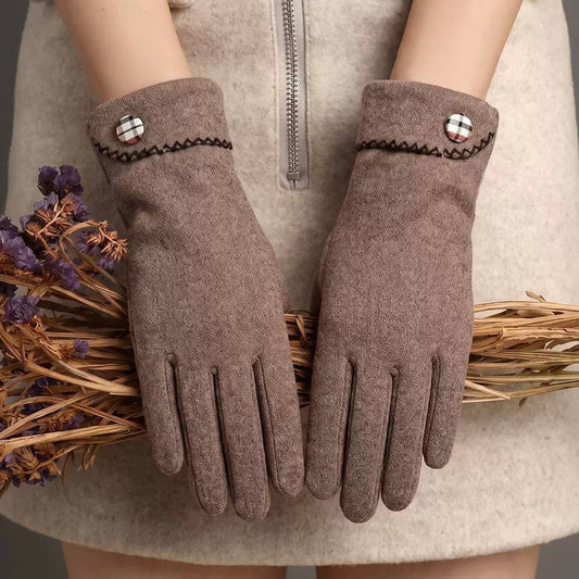 Plaid-Accented Gloves With Folded Cuffs And Zigzag Stitching – Taupe